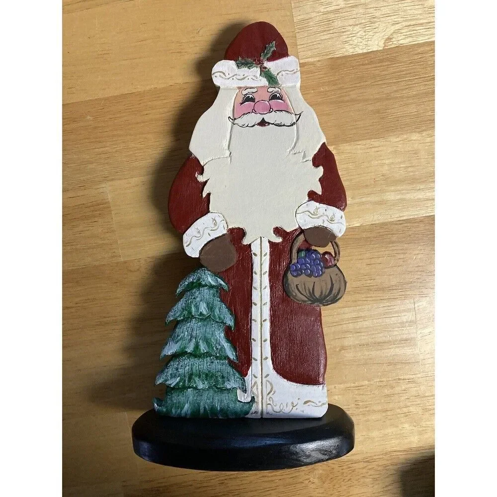 Vtg Handpainted Wooden Santas w Xmas Trees 10.25in Tall 5.5in Base Holiday Decor